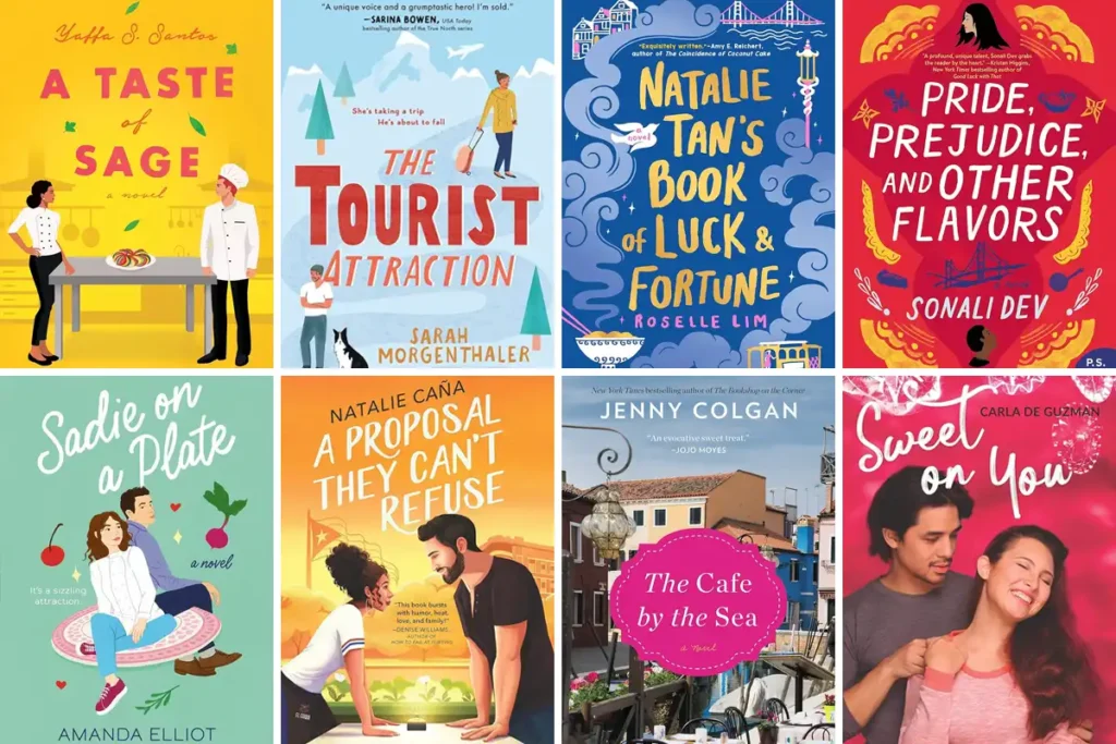 Eight colorful book covers featuring romantic fiction with culinary themes. Titles include A Taste of Sage, The Tourist Attraction, Natalie Tan’s Book of Luck & Fortune, Pride, Prejudice, and Other Flavors, Sadie on a Plate, A Proposal They Can’t Refuse, The Café by the Sea, and Sweet on You.