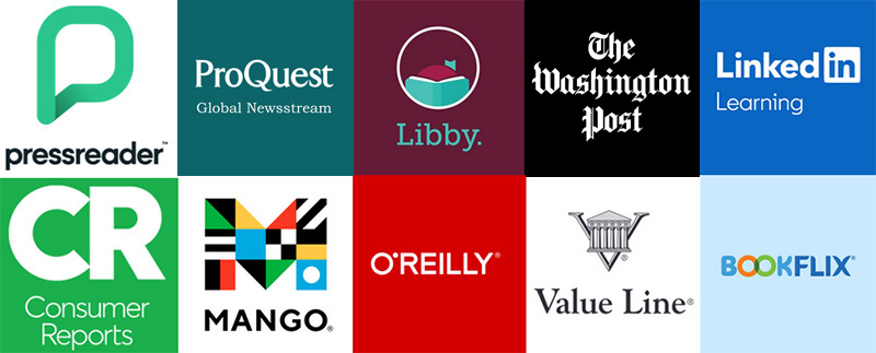 Composite of ten eResource logos and graphics.