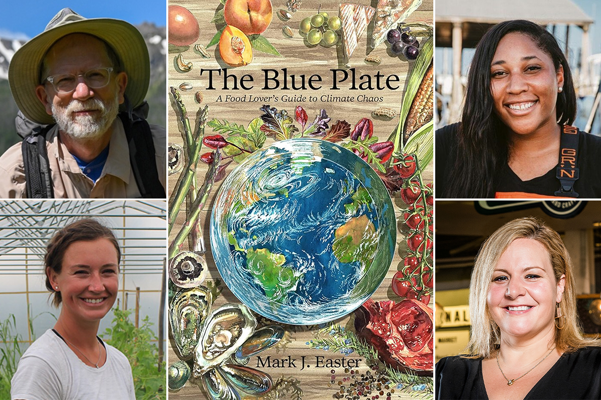 Book cover of The Blue Plate: A Food Lover's Guide to Climate Chaos, plus photos of panelists.