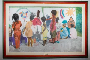 Illustration of several children painting colorful images—rainbows, sun, and houses—on a large outdoor mural.