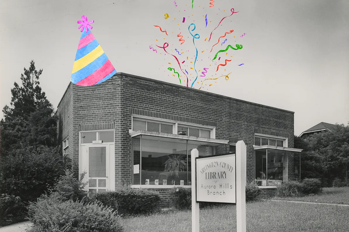 Aurora Hills Library Centennial Celebration. Archival image shows the library wearing a party hat with confetti.