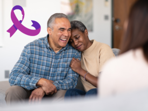 Adult couple with the Alzheimer's awareness logo.