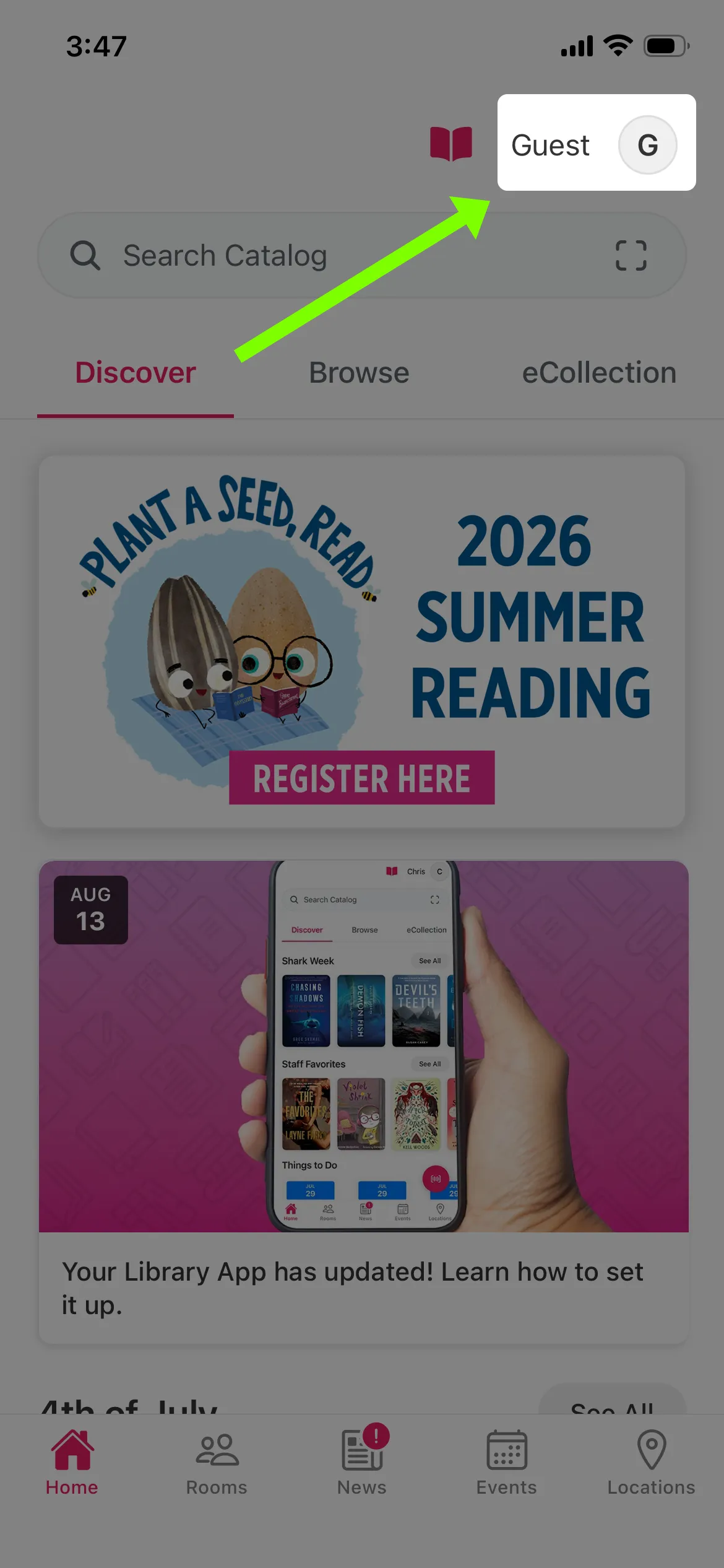 Homescreen of the Arlington Public Library app with an arrow pointing to an icon in the upper-right corner.