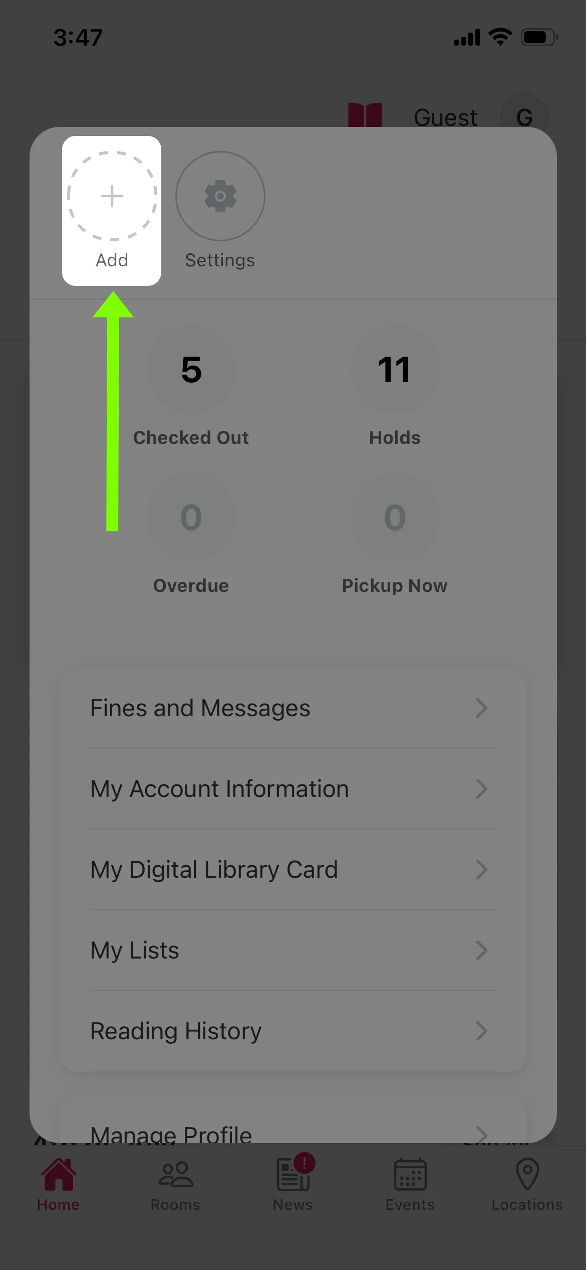 Account preferences of the Arlington Public Library app with an arrow pointing to a plus icon in the upper left-hand corner.
