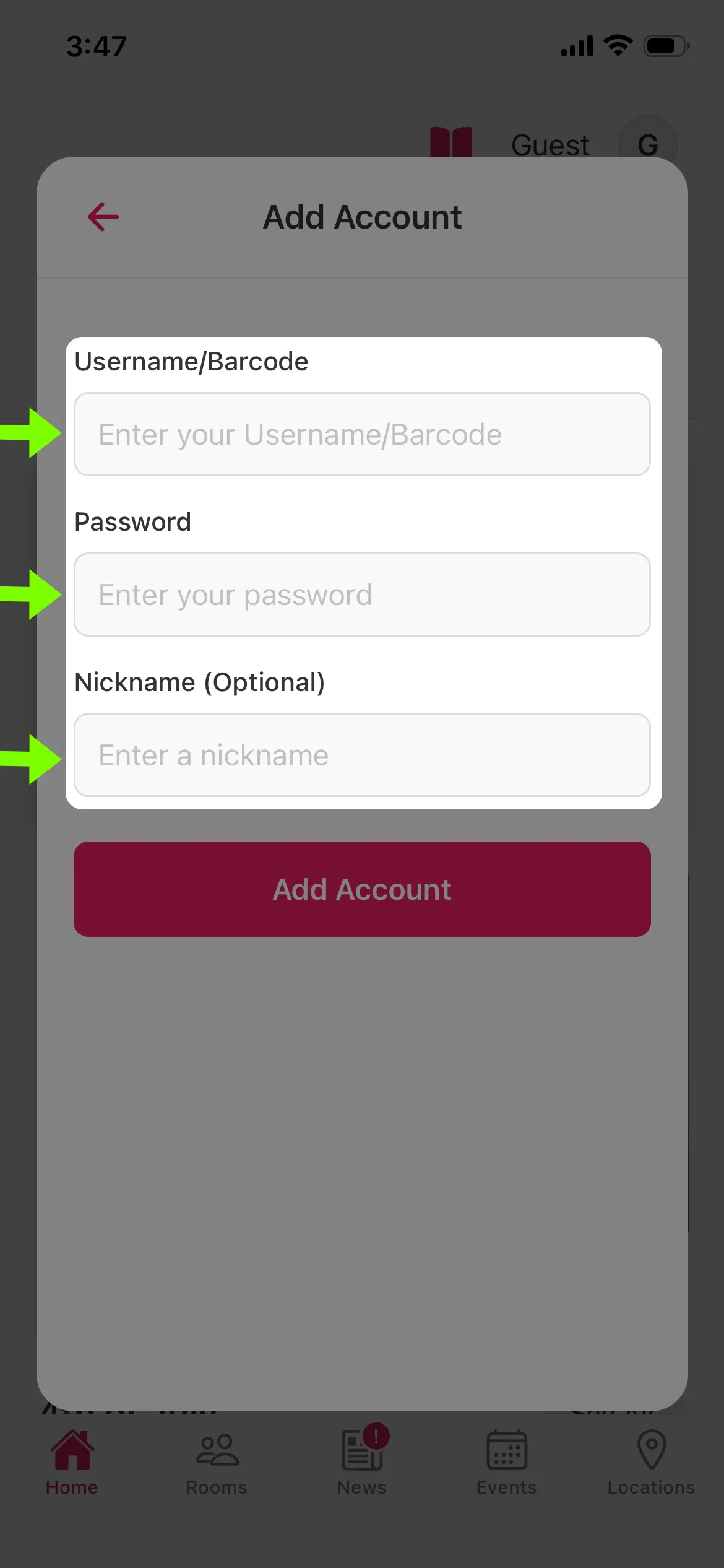 New account menu of the Arlington Public Library app with an arrow pointing to username/barcode, nickname and password fields.