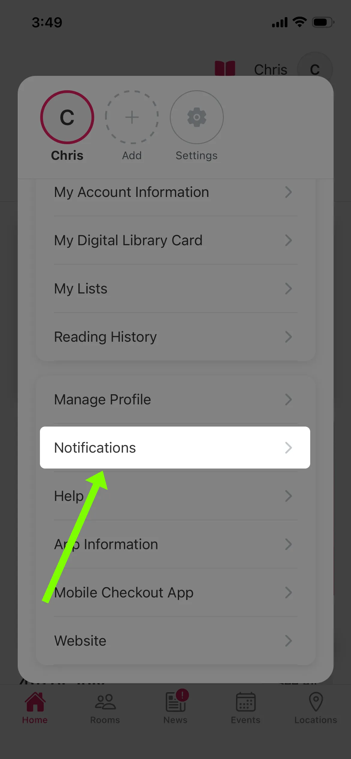 Account preferences of the Arlington Public Library app, with an arrow pointing toward the Notifications option.