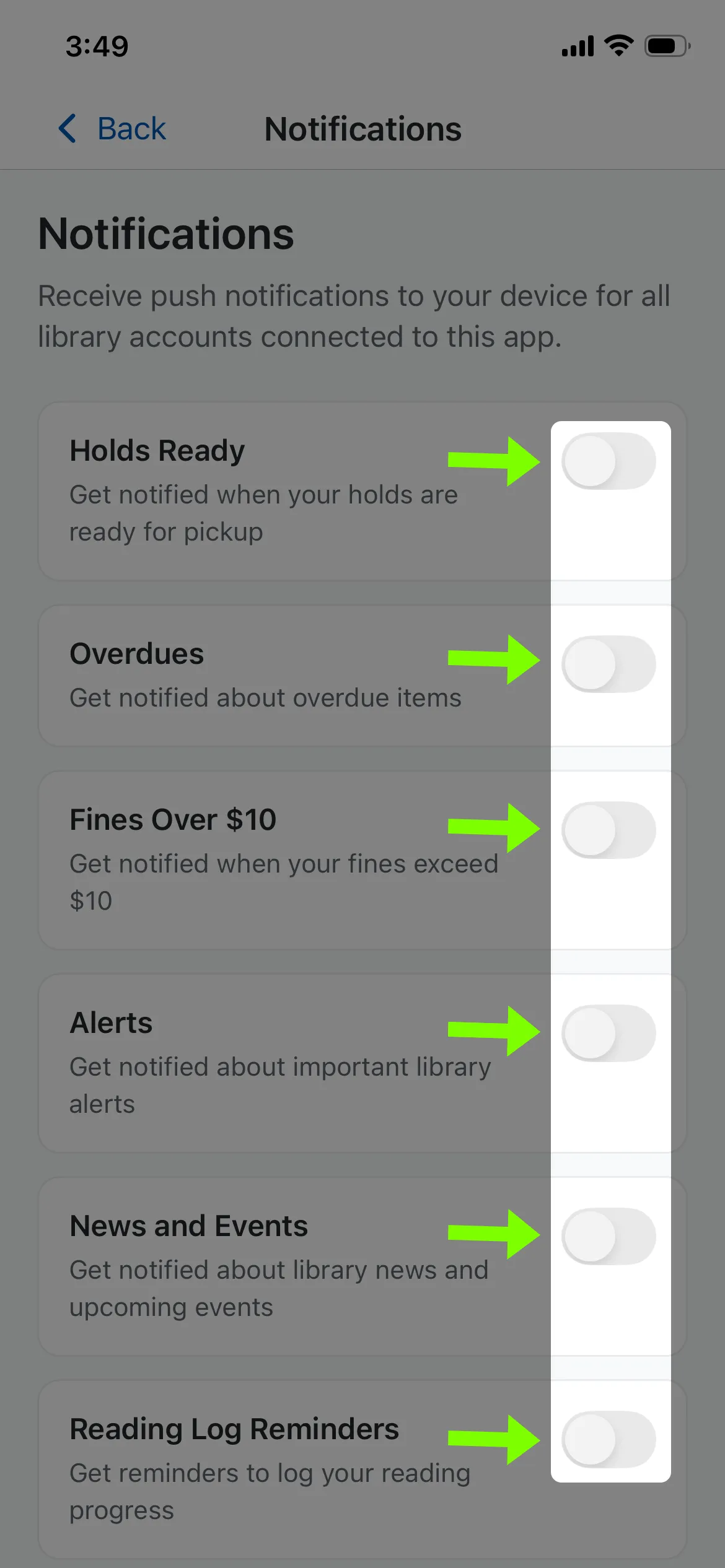Notification preferences of the Arlington Public Library app, with all notifications disabled.