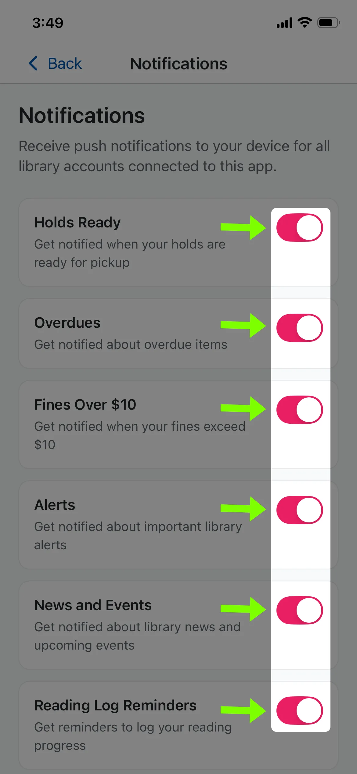 Notification preferences of the Arlington Public Library app, with all notifications enabled.
