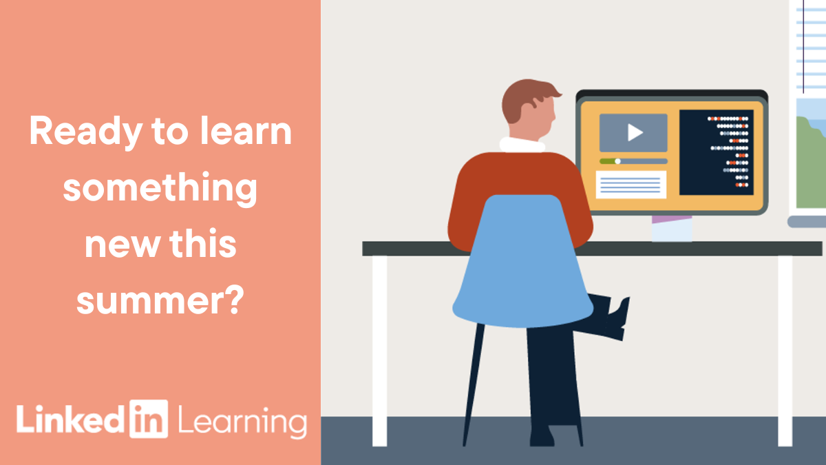 LinkedinLearning graphic depicting a man sitting in front of a computer screen.