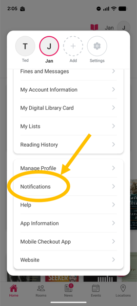 Account preferences of the Arlington Public Library app, with an arrow pointing toward the Notifications option.