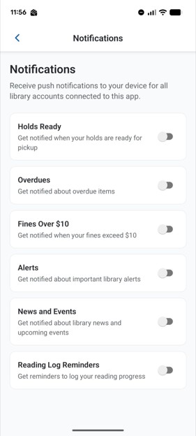 Notification preferences of the Arlington Public Library app, with all notifications disabled.