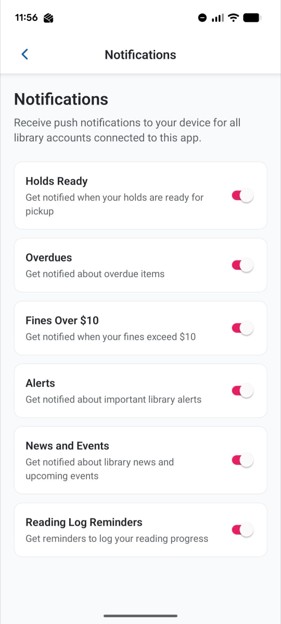 Notification preferences of the Arlington Public Library app, with all notifications enabled.
