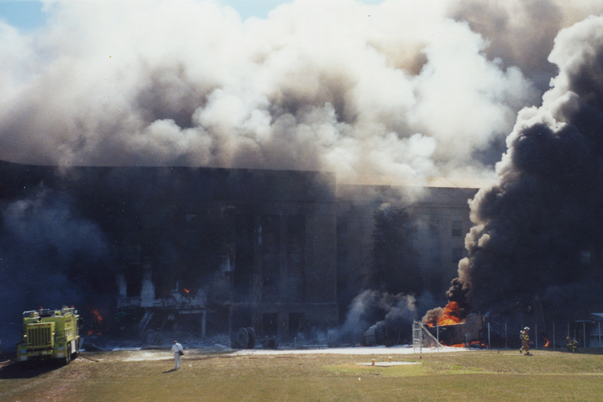 Foam Unit Arrives; Arrival of the Ronald Reagan Washington National Airport's Foam Unit 331 to the Pentagon after the attack, showing the impact area prior to collapse. Photo credit Charlie Clark Center for Local History, 133-01-01-01-0002