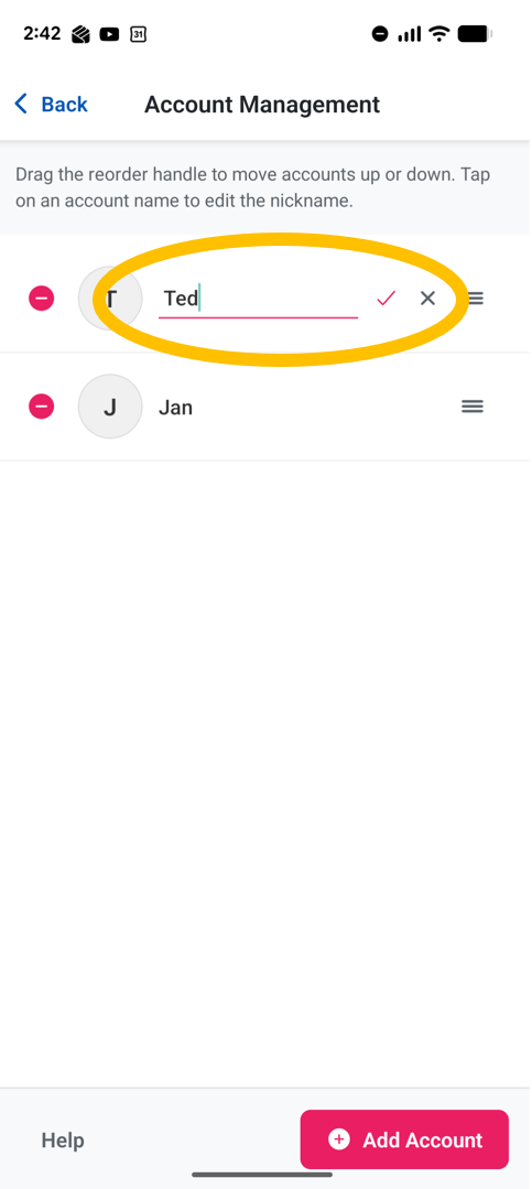 Library App 3.0 manage accounts edit nickname