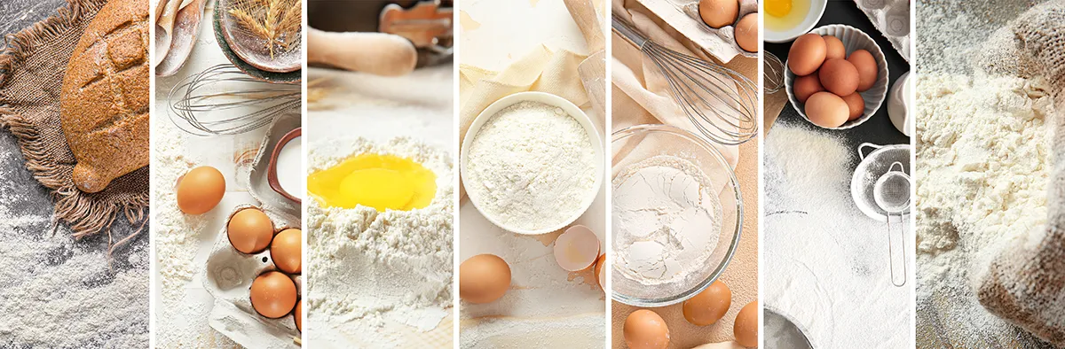 Collage of baking utensils, flour, eggs and bread.