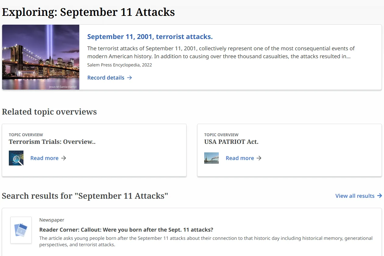 Explora Research Database. Screenshot of September 11 topic overview showing related articles and topics like terrorism trials & the USA Patriot Act.