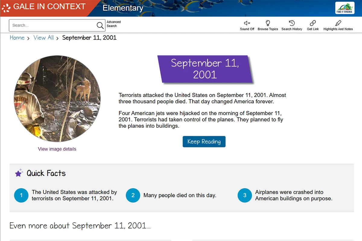 Gale in Context: Elementary Database. Screenshot of an overview of the September 11 attacks tailored to younger learners.