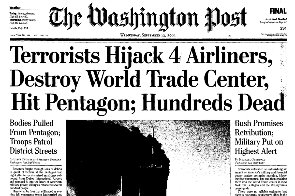 ProQuest U.S. Newsstream. Washington Post front page from September 12, 2001 with headline "Terrorists hijack 4 airliners, destroy World Trade Center, hit Pentagon; hundreds dead." Image shows the smoking twin towers after the collision.