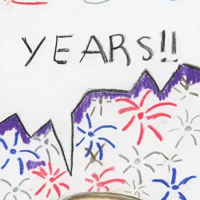 A round, bespectacled old person with a moustache says "I've been reading this book for 250 years!" in a speech bubble, with red, gray, and blue fireworks in the background.