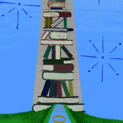 Text reads "America's 250th," ornamenting a banner above a Washington Monument made from books and a large book laying spine-up that leads toward it.