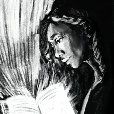 Black and white art of a woman with braided hair reading from a book that expels a burst of light, illuminating the woman's smiling face.