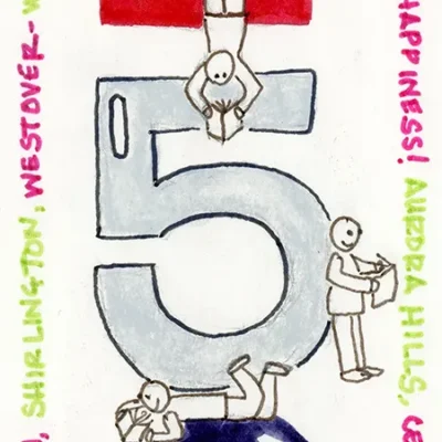 Vertical numbers read "250" in red, white and blue with drawings of people reading in different poses in and around the numbers. The border reads "Libraries, liberty and the pursuit of happiness" as well as the names of all Arlington Public Library locations.