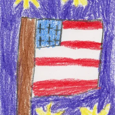 An American flag on a purple background with yellow firework bursts.