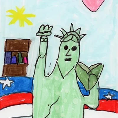 A statue of liberty raises her torch and a book with an American flag, hearts and yellow sparkles in the background.