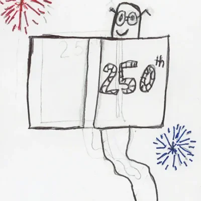A worm reads from a book titled "250" in front of red and blue fireworks. Cursive text reads "We are free to read! I believe I can read!"