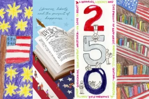 Collage of four bookmark contest design finalists marking America's 250th anniversary.