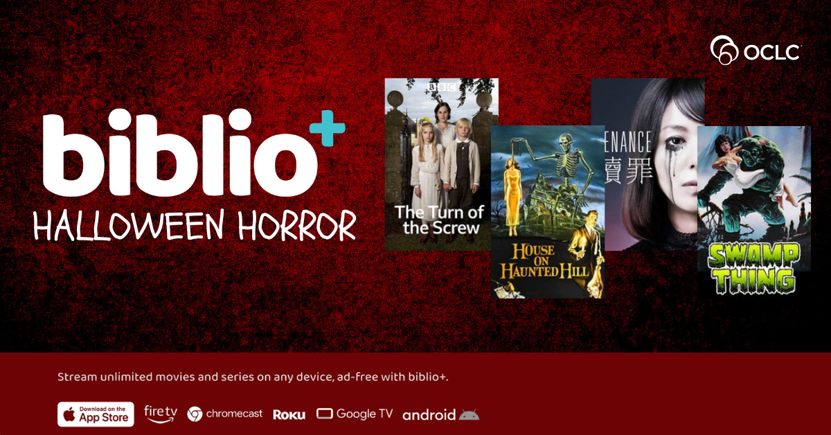 Stream classic horror films, cult favorites and spooky TV series with Bibio+. The graphic depicts four Halloween horror movie ads; "The Turn of the Screw," "House of Hunted Hill," "Penance" and "Swamp Thing."