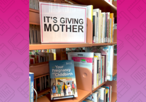 Pregnancy bookshelf with sign that reads "It's Giving Mother"
