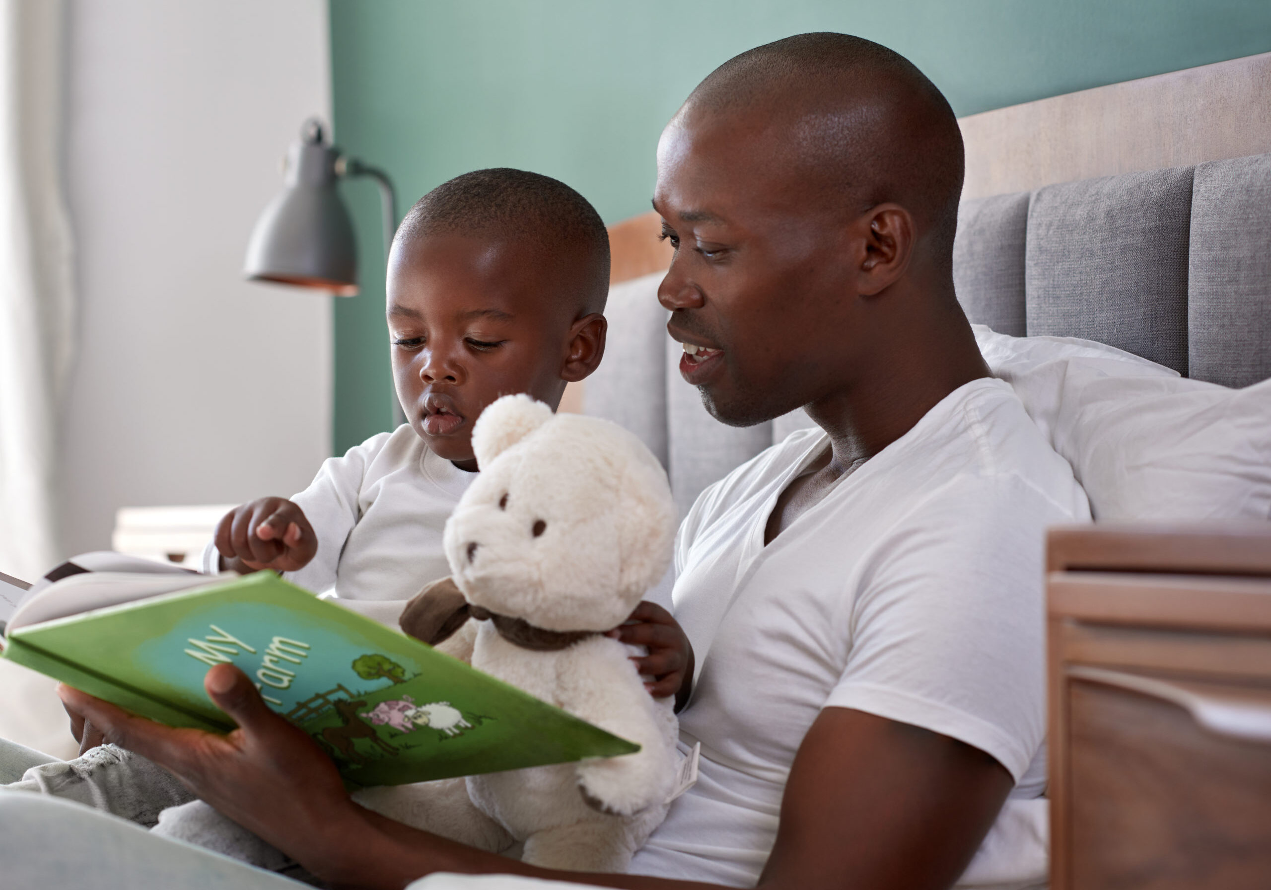 Dad reading bedtime stories to son