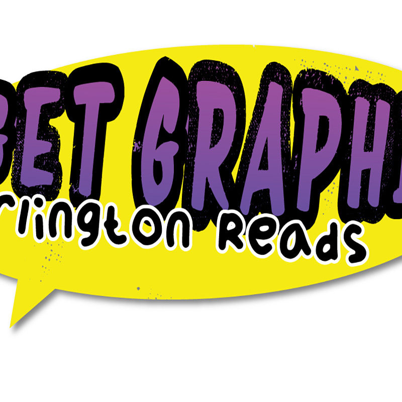 Yellow-purple comic bubble word logo featuring "Arlington Reads: Get Graphic."