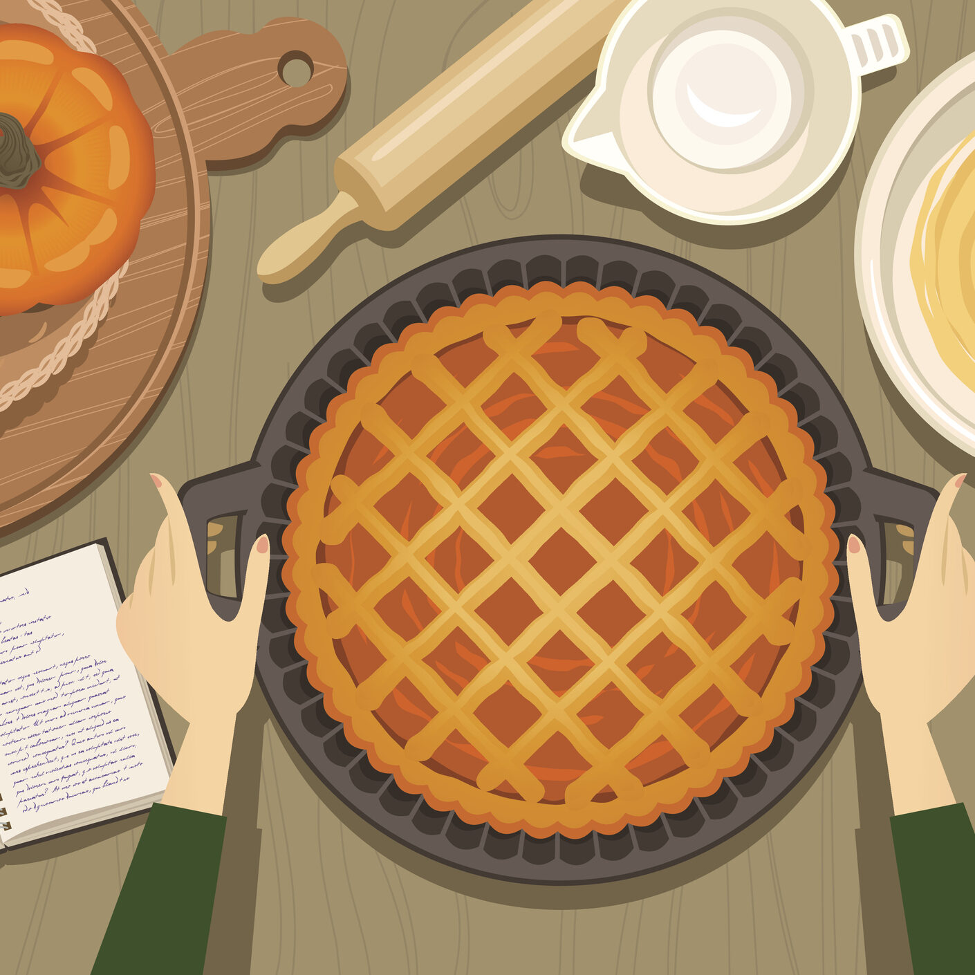 Woman's hands making a pumpkin pie.