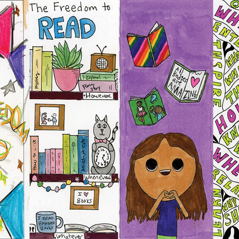 Composite of four bookmark designs for the 2024 Freedom to Read competition.