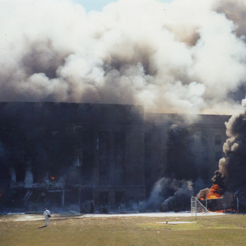 Foam Unit Arrives; Arrival of the Ronald Reagan Washington National Airport's Foam Unit 331 to the Pentagon after the attack, showing the impact area prior to collapse. Photo credit Charlie Clark Center for Local History, 133-01-01-01-0002