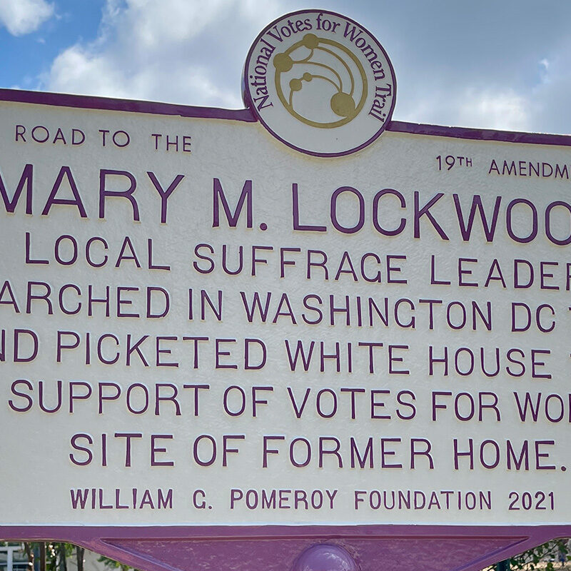 Photo of the historical marker for suffragist Mary Morris Lockwood, located at 1501 North Lincoln Street, across Hayes Park in Arlington, VA.