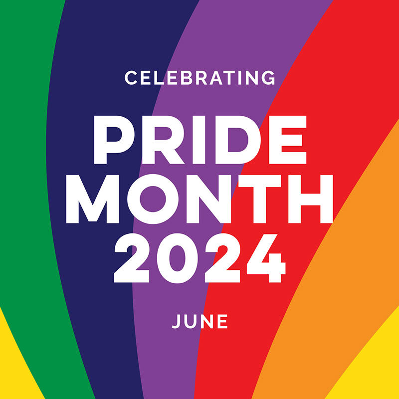 Pride Month graphic with rainbow colors.