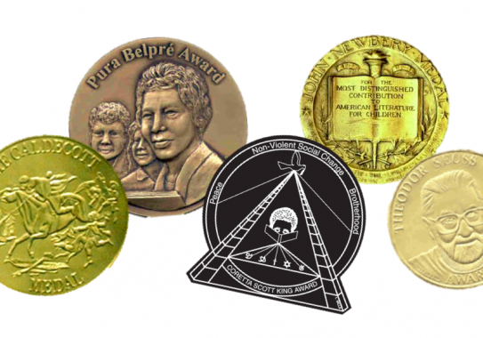 A collage of award medals including the Caledecott, Pura Belpre, Coretta Scott King, Newbery and Geisel